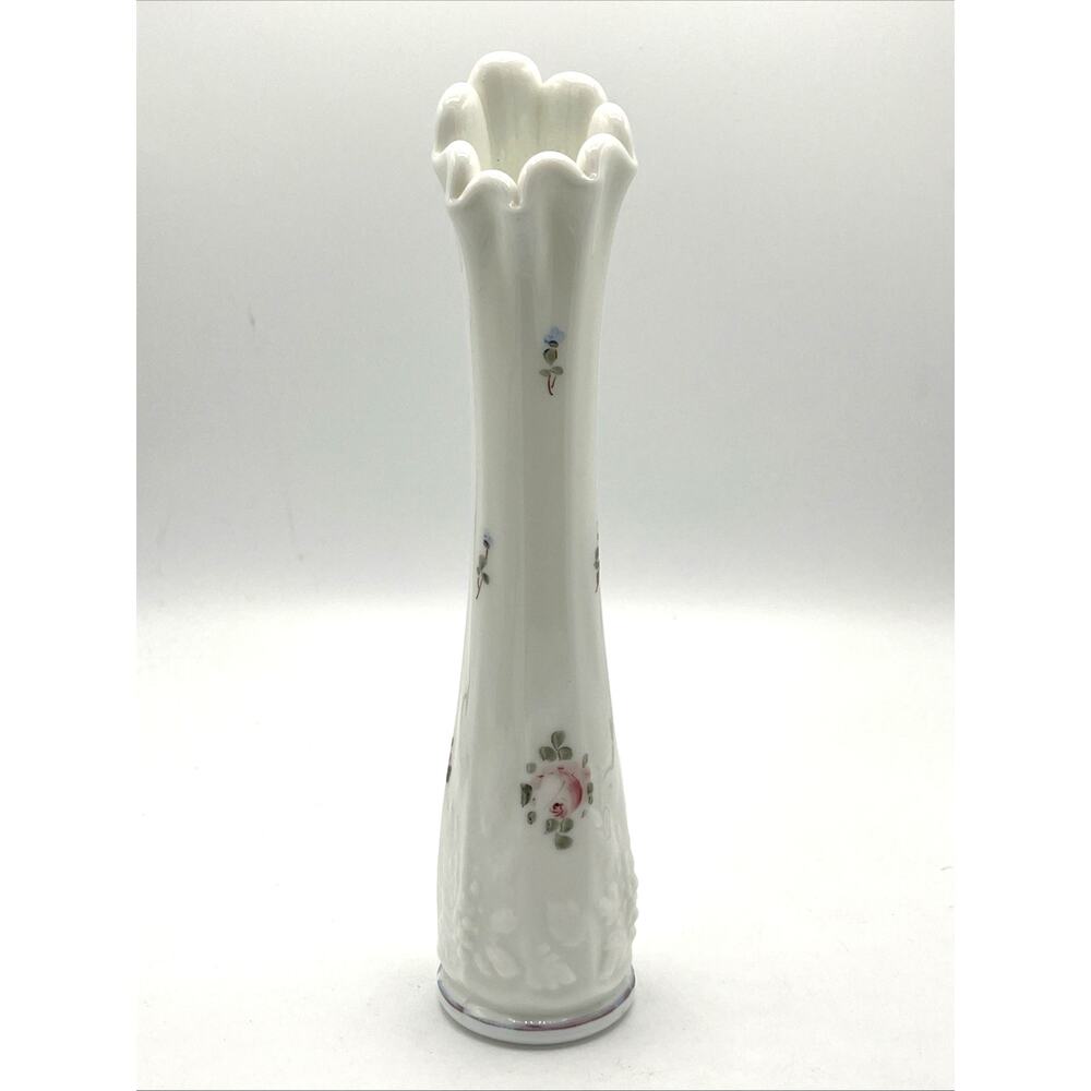 Vintage Westmoreland Milk Glass Bud Vase Hand Painted Floral 9 3/8”